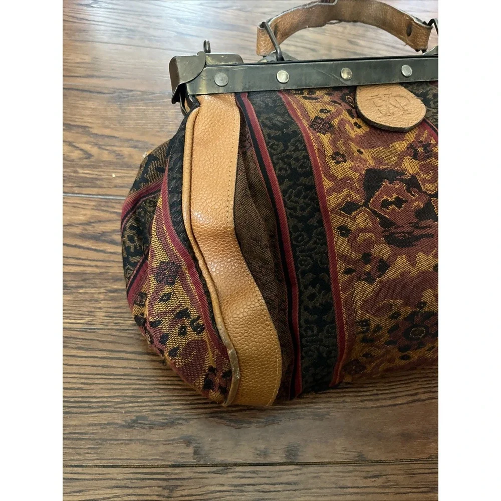 VTG Express Tapestry Leather Hobo Carpet Drs Bag Hinged Frame Clasp RARE